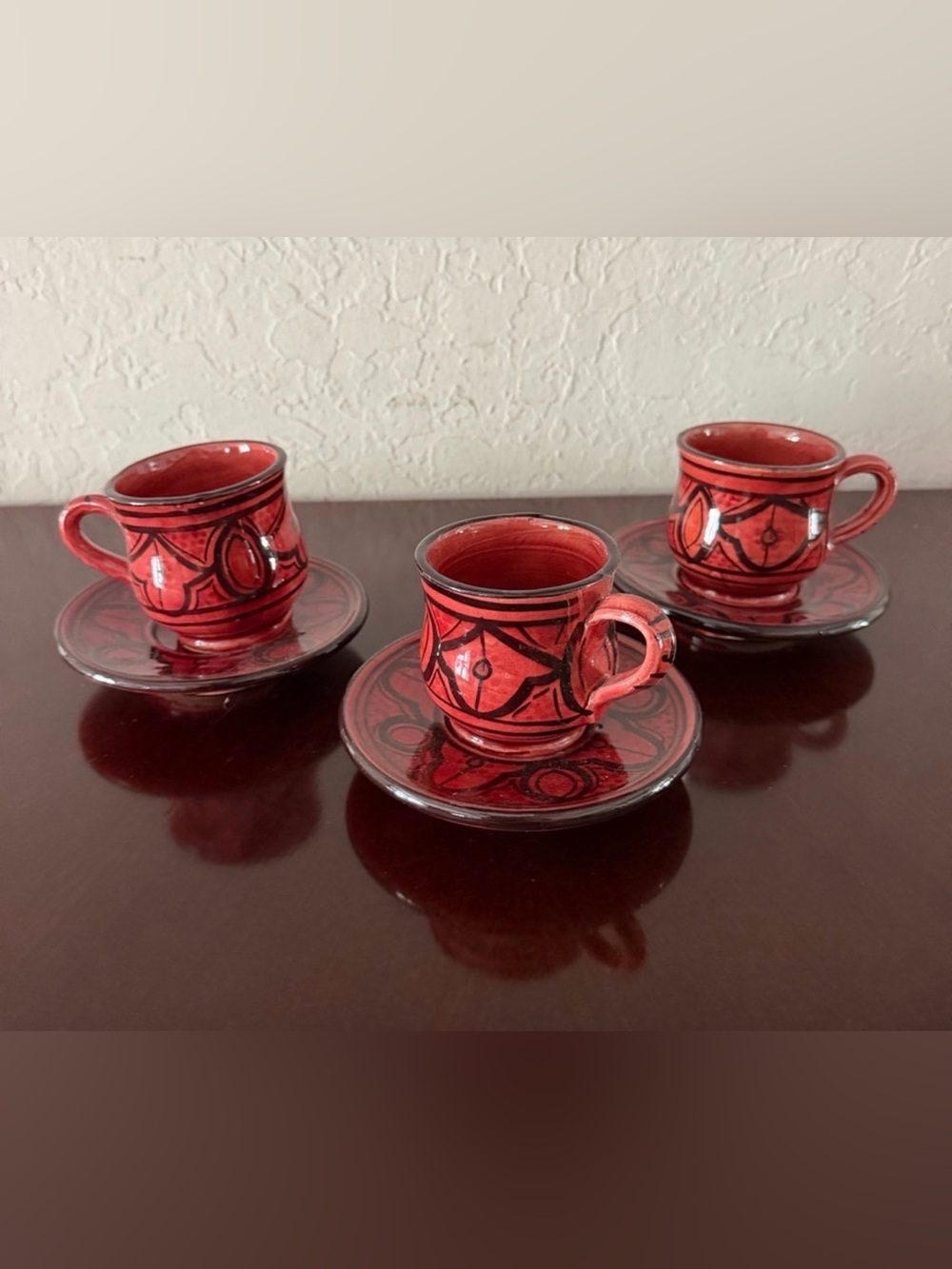 Moroccan Hand Painted Ceramic Espresso Demitasse Cups Saucers Set of 3